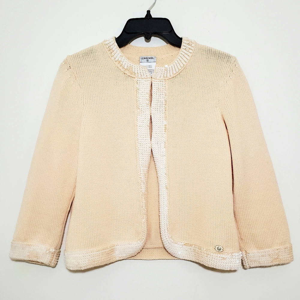 CHANEL• Sequin Trim Knit Sweater Cardigan